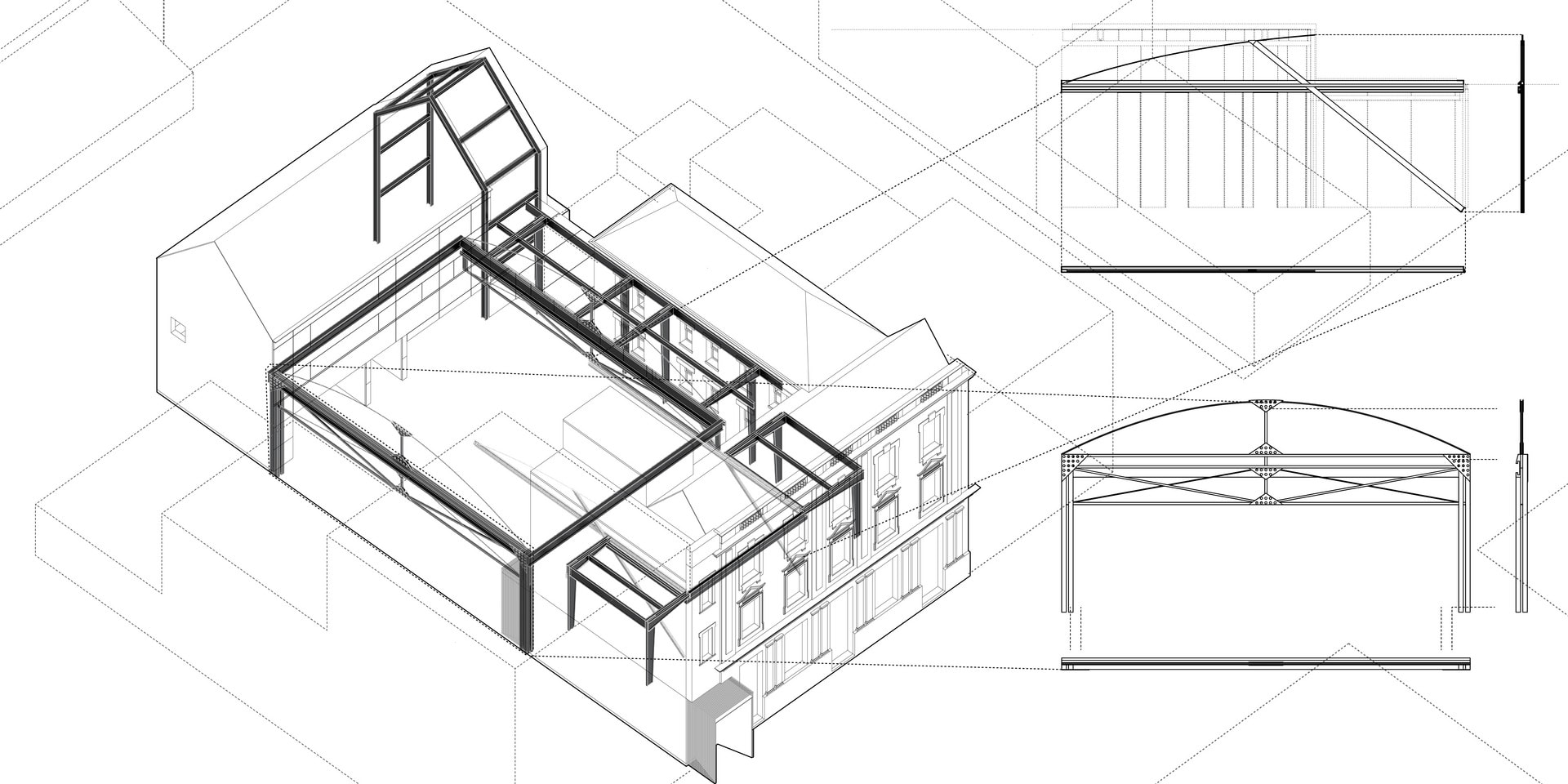 My intention is to allow a large space as open as possible to allow flexibility. I want to create a frame across the entire courtyard. To achieve that, I used heavy and deep beams and let them lean on