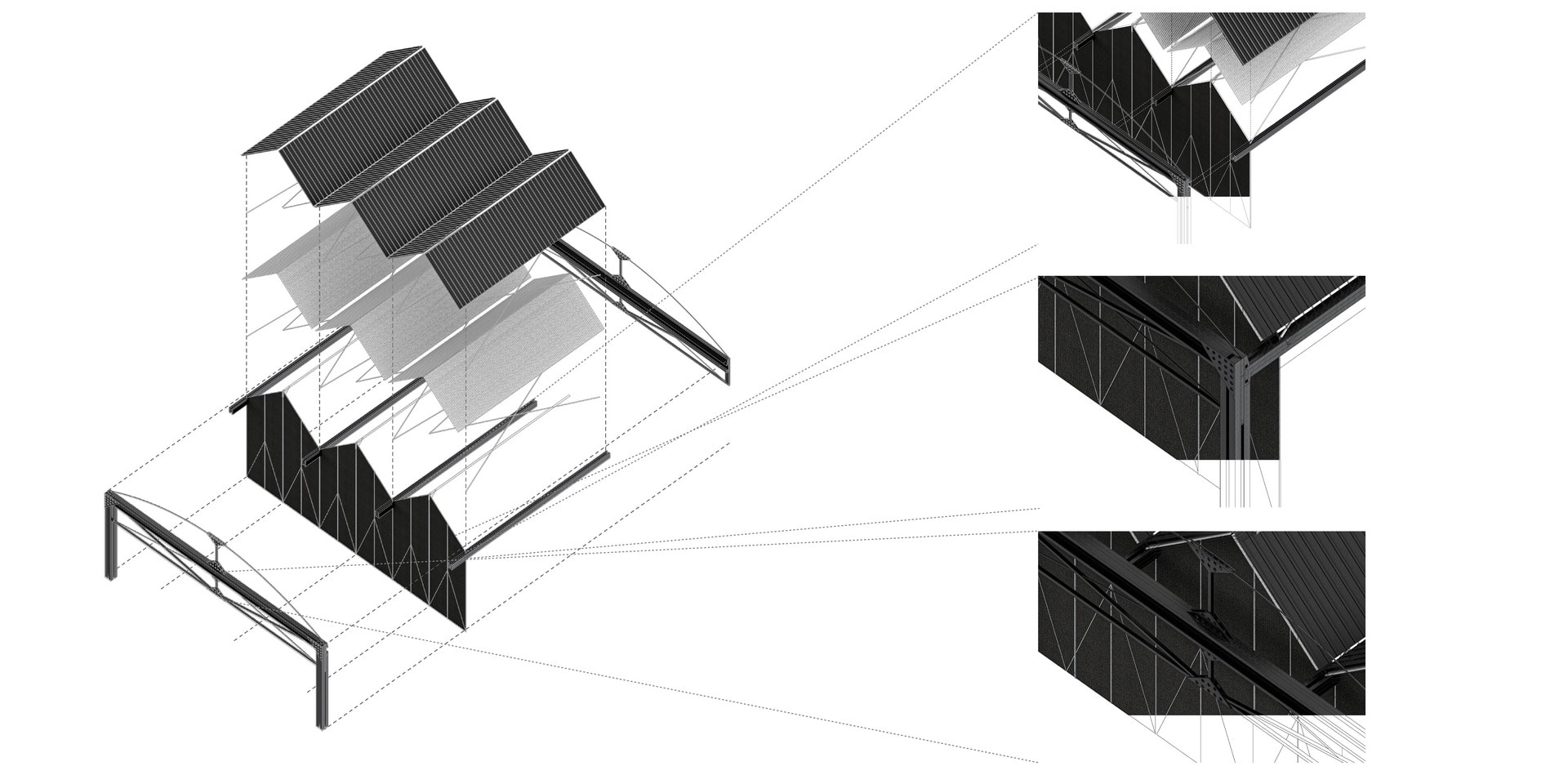 In terms of the design of the roof, I want it to be as light weight as possible. So it’s almost like a giant tent.
The facade fabric is tied to the roof through a structural rod that connects to the t