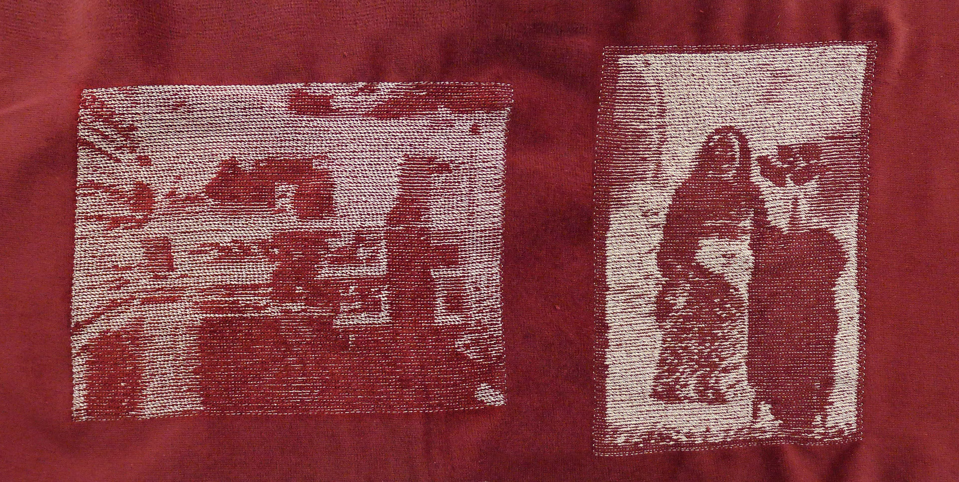 Embroidered images of a shop office and a woman 