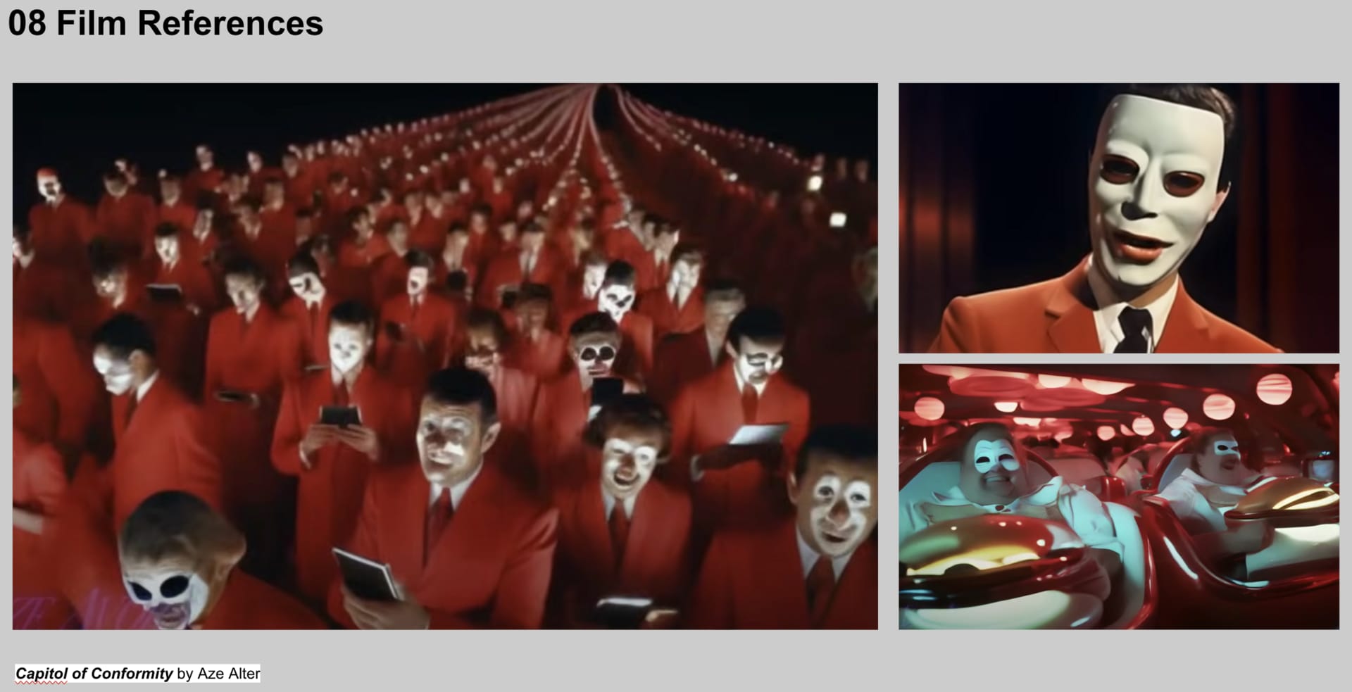 One of two film references presented, entitled Capitol of Conformity (2023) by Aze Alter. 