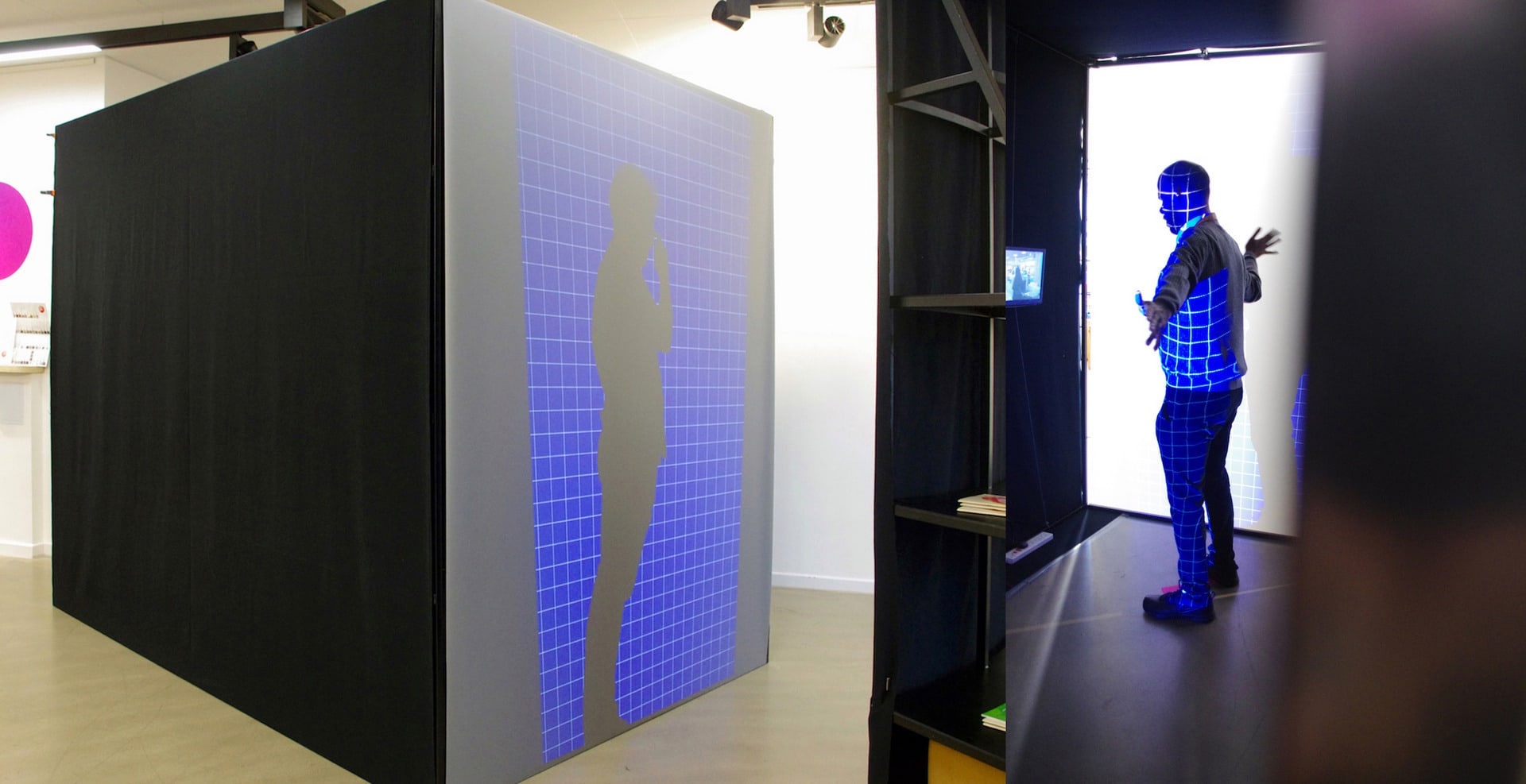 a split view of the large black booth from outside and a participant standing  inside the booth