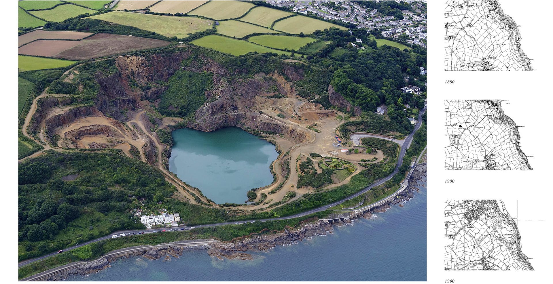 Aerial view of the site and plans of its historical development