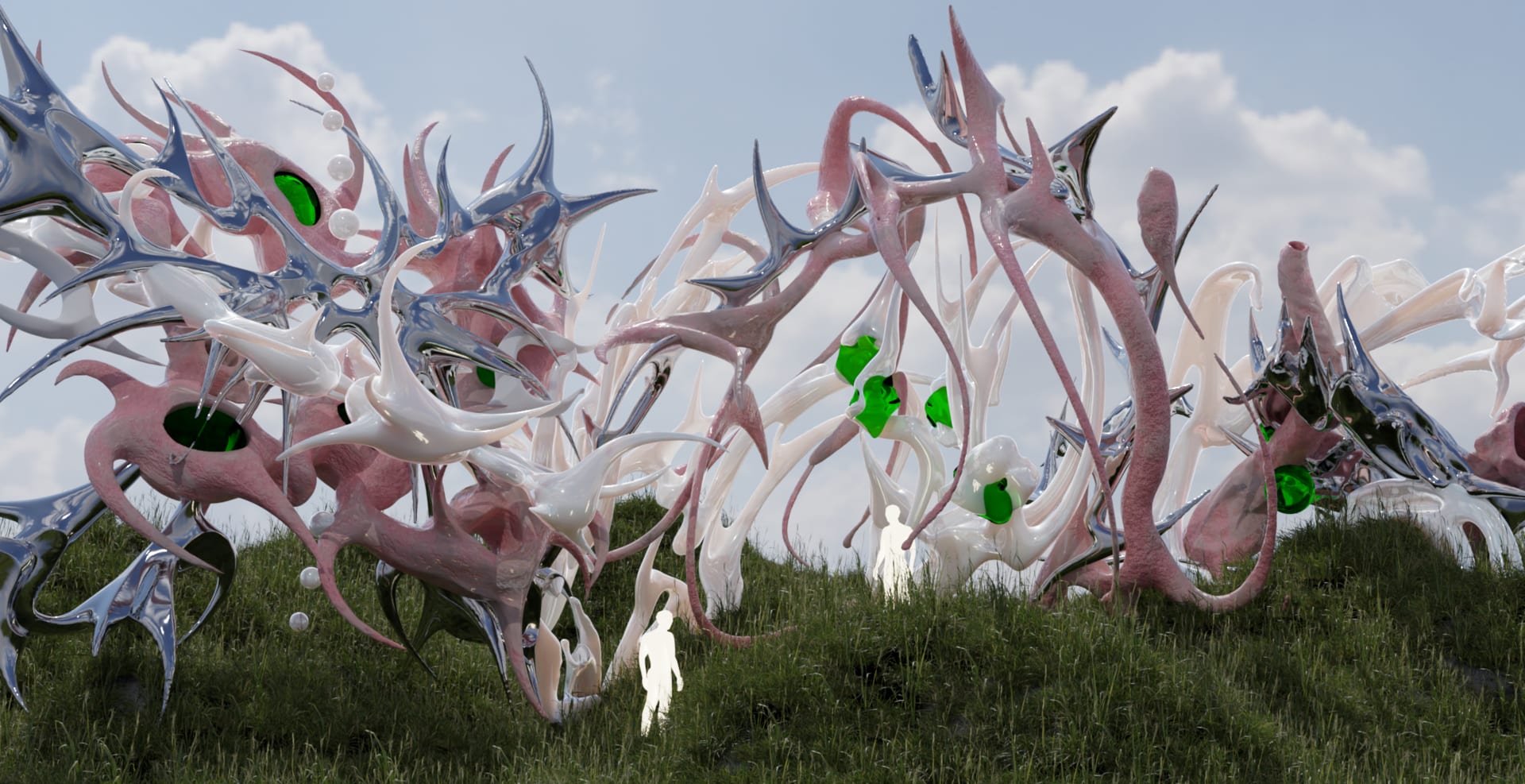 3D model with bionic structure set on grass with blue sky as background