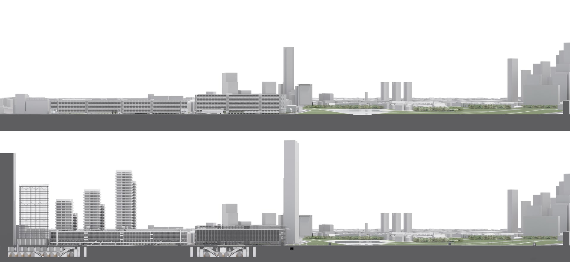 Above: Existing 10 and 13 storey block Elevation / Below: New Hotel Elevation