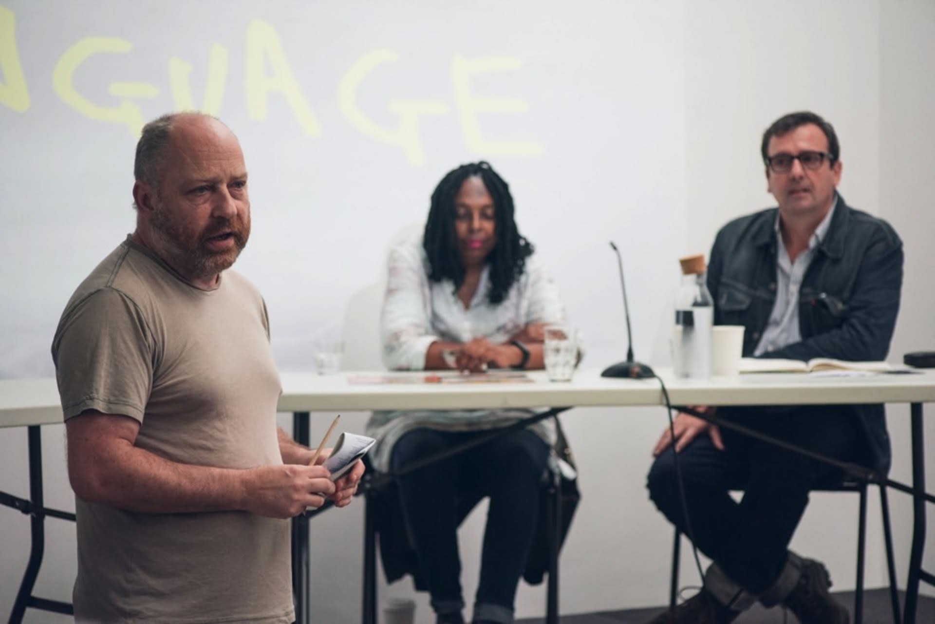 L-R: Tim Etchells with Janette Parris and Tony White at Strong Language, credit Chris Saunders.