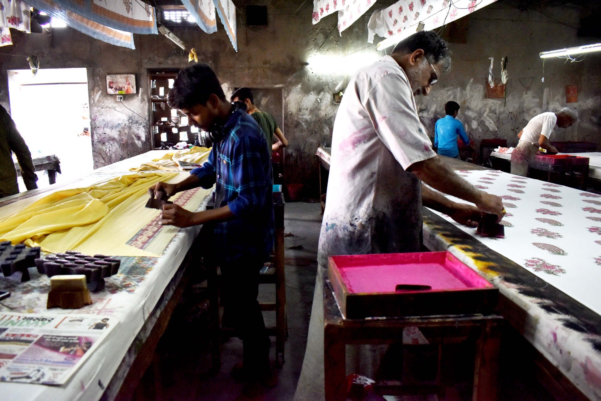 Block printers in their 'kaarkhana' / workshop