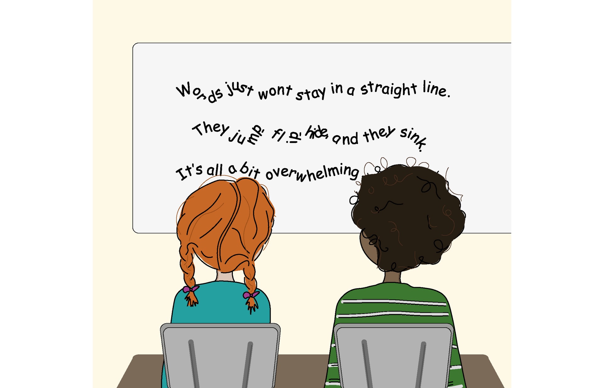 Every day when they sit in class, the letters try and move around on the board. They jump, they flip, they hide, and they sink, they don’t like to stay still at all. Concentrating on the words becomes a bit overwhelming for Alfie and Betty, it makes them very tired. They often find themselves distracted and thinking about more interesting things; like where could their next adventure be?