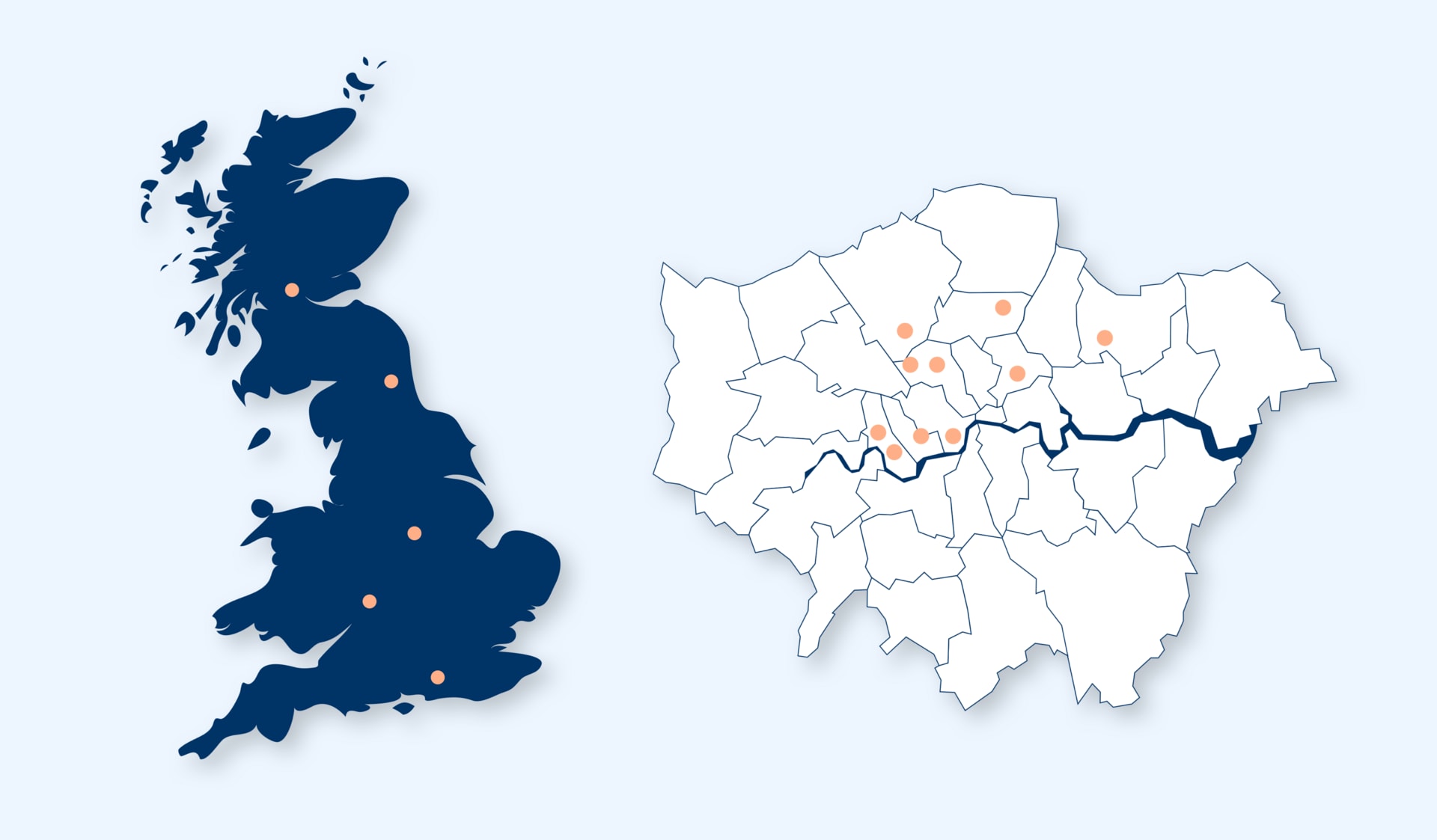 A map, showing locations of churches who were interviewed