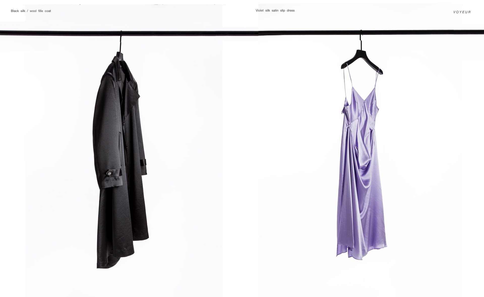 Black silk / wool coat, Violet silk satin slip dress