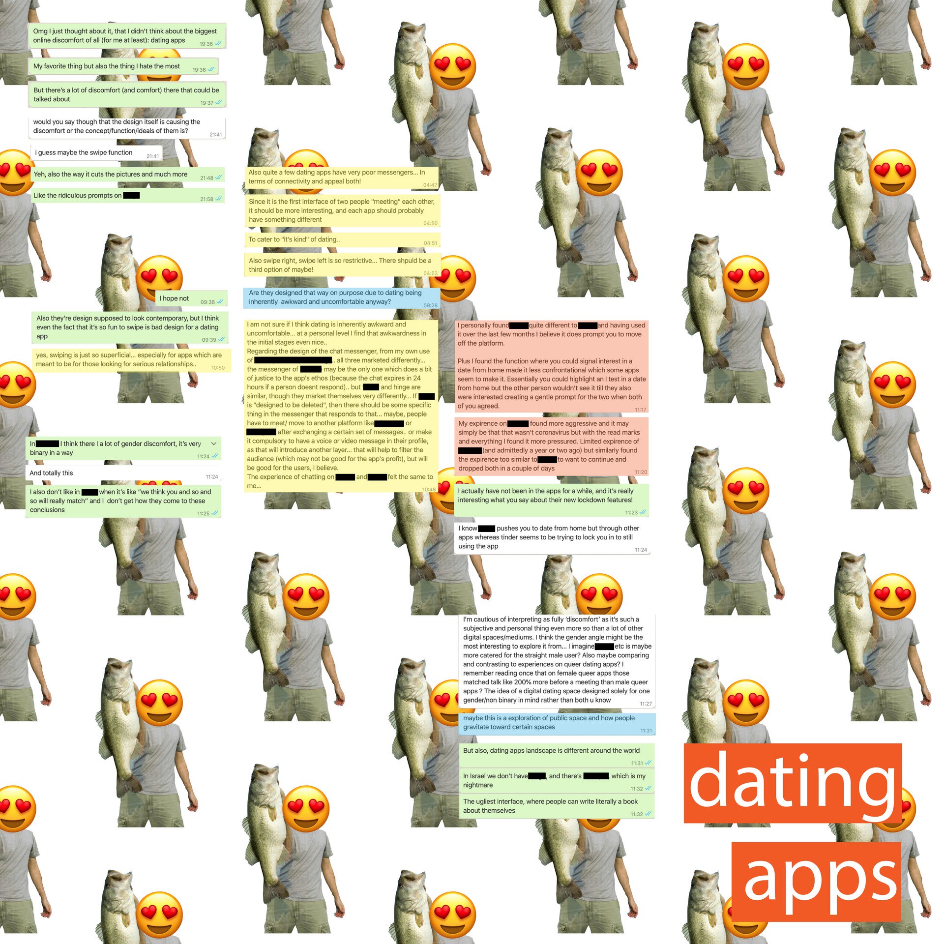 Swipe right, swipe left? A digital discussion on the experience of dating apps and how design affects experience, represented through text and graphics.