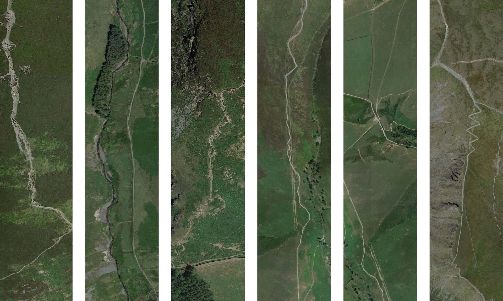 Tracks worn into Blencathra, a mountain in the northern fells of the Lake District. Source: Google Earth.