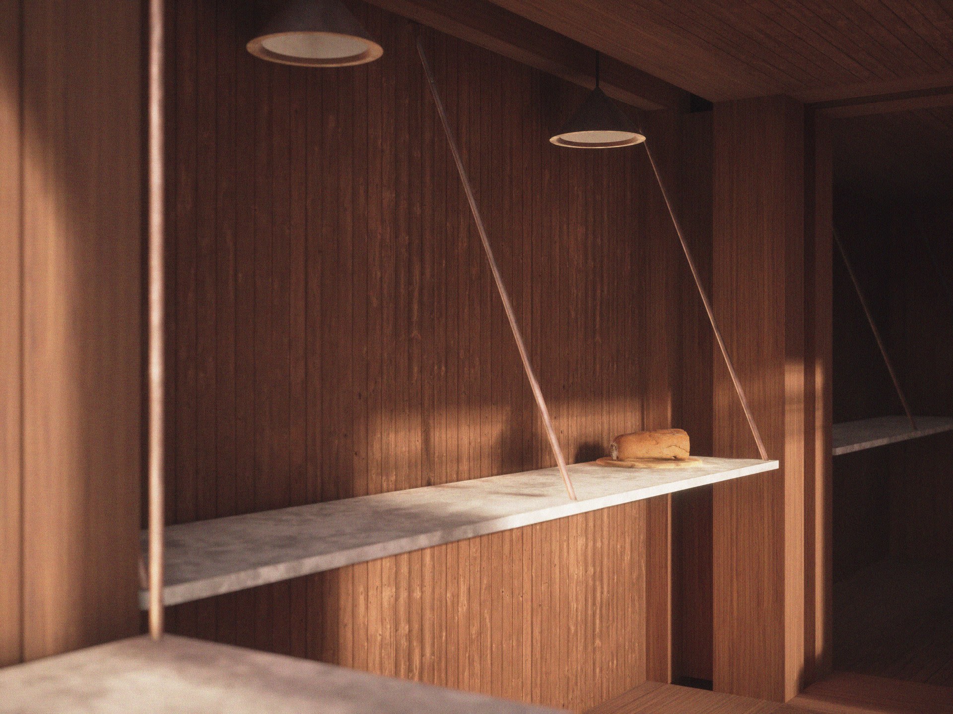 The copper wires and thin white counter create a tension sitting next to the large vertical structural elements