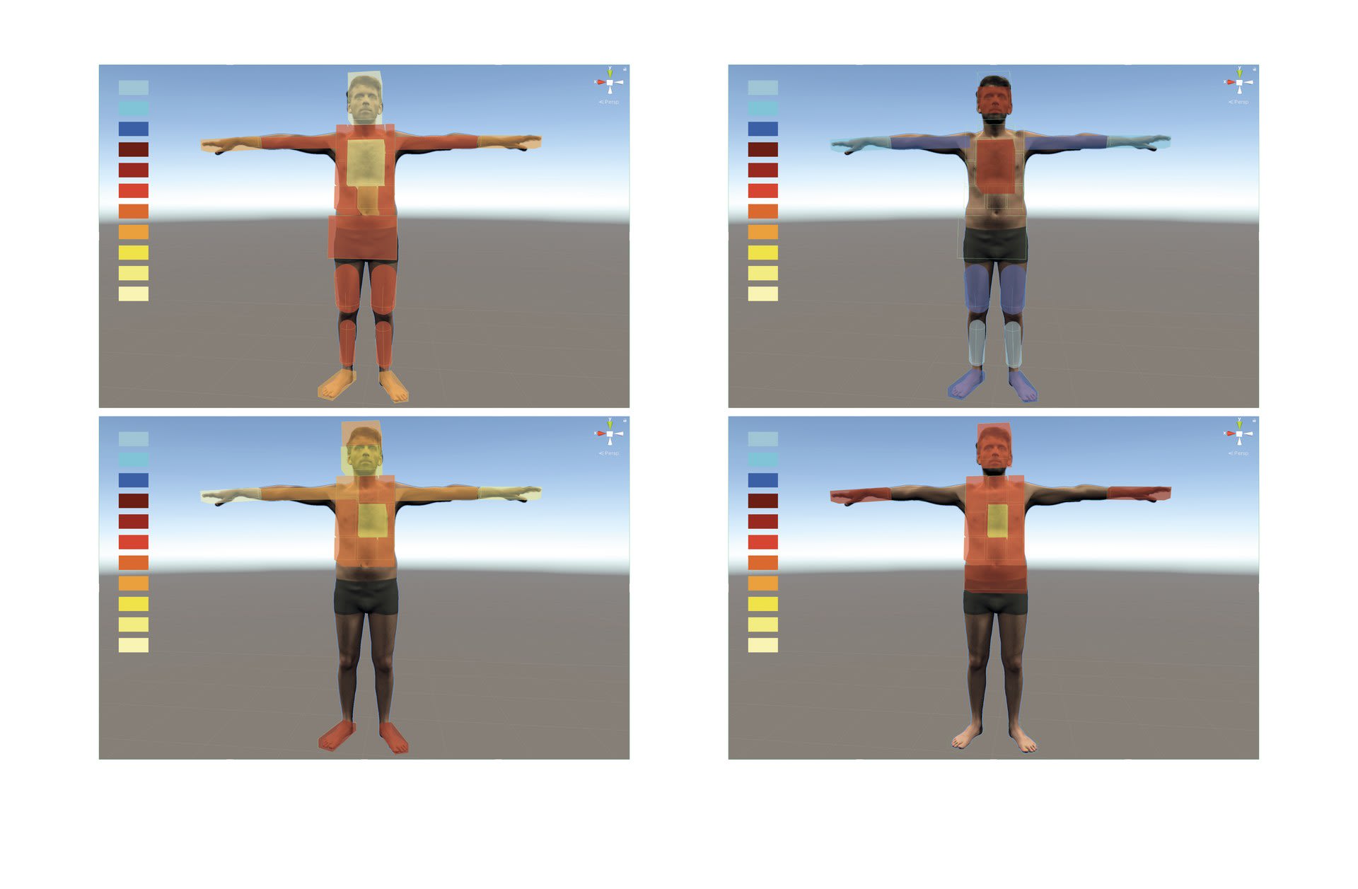 Growth factors applied to the 3D scan of the body. The values vary from 1 to 11, based on the different intensity of emotions recorded in the various anatomical areas. From top left to right: Happiness, Sadness, Anger, Fear