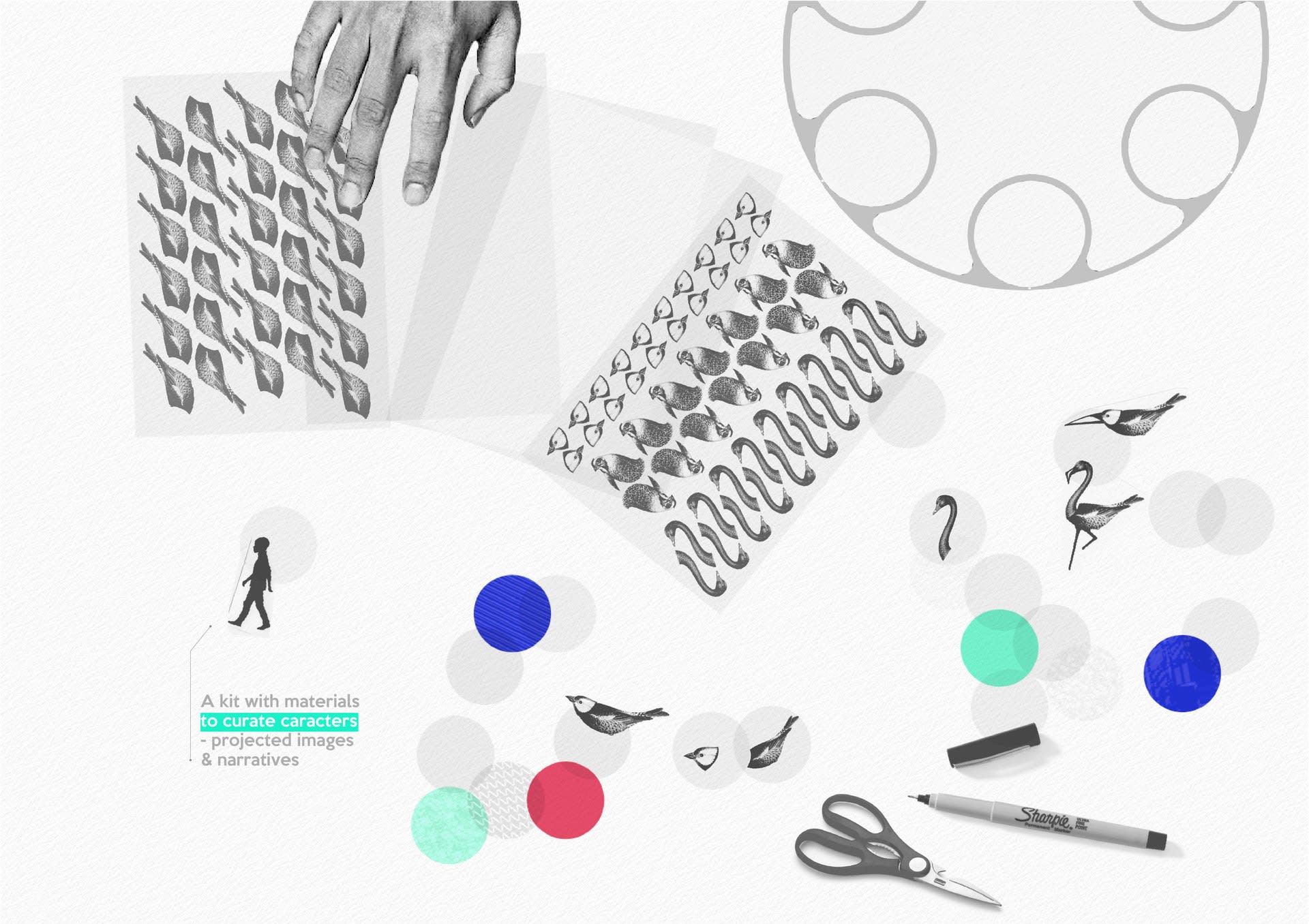 Providing a kit with materials, colors, images & compose/curate characters for your narrative.