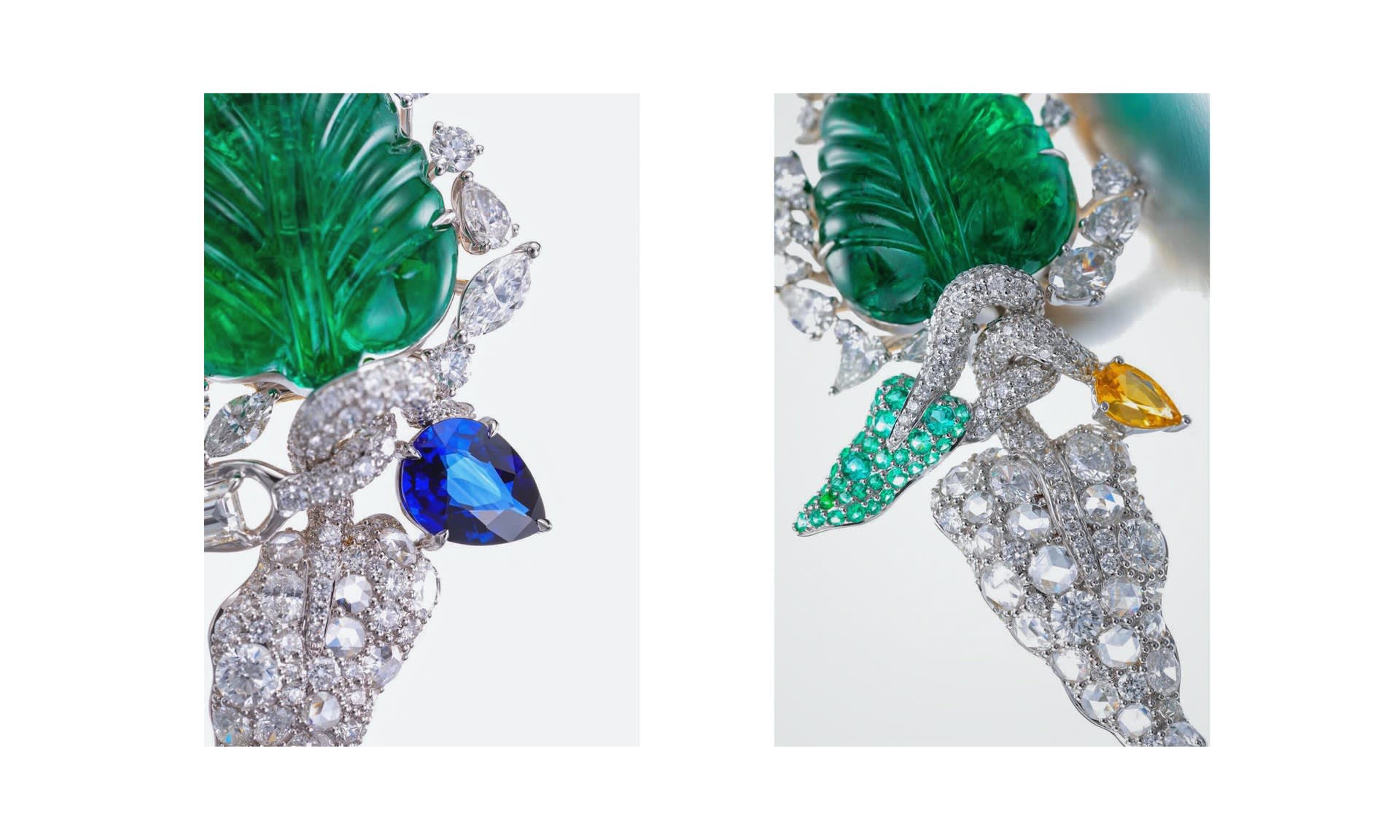 Deconstruct Earrings 2019 , 18k gold, Columbia Emerald, diamonds, sapphires and paraiba tourmalines