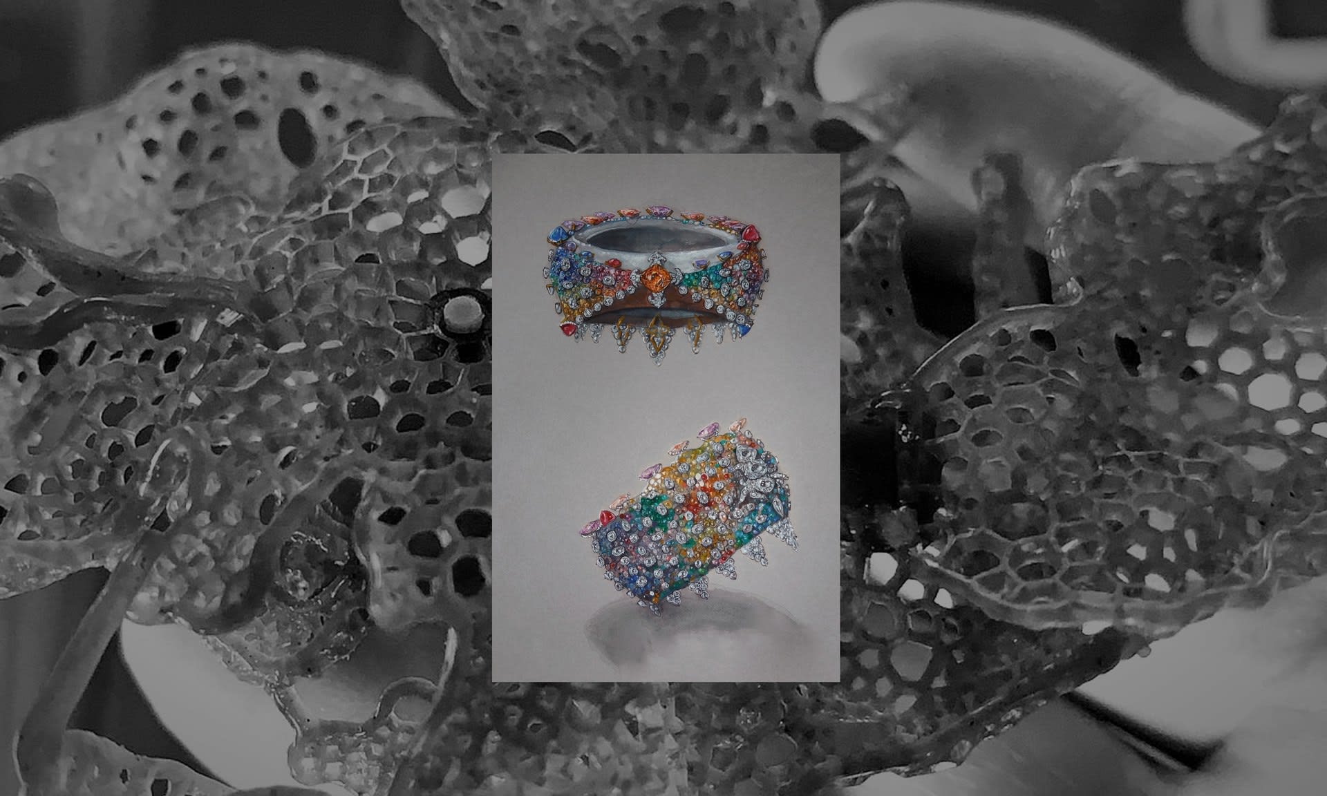 “ Fibonacci ”bangle guache final sketch/ background; honeycomb structure of Nebula brooch (2020)  wax mode