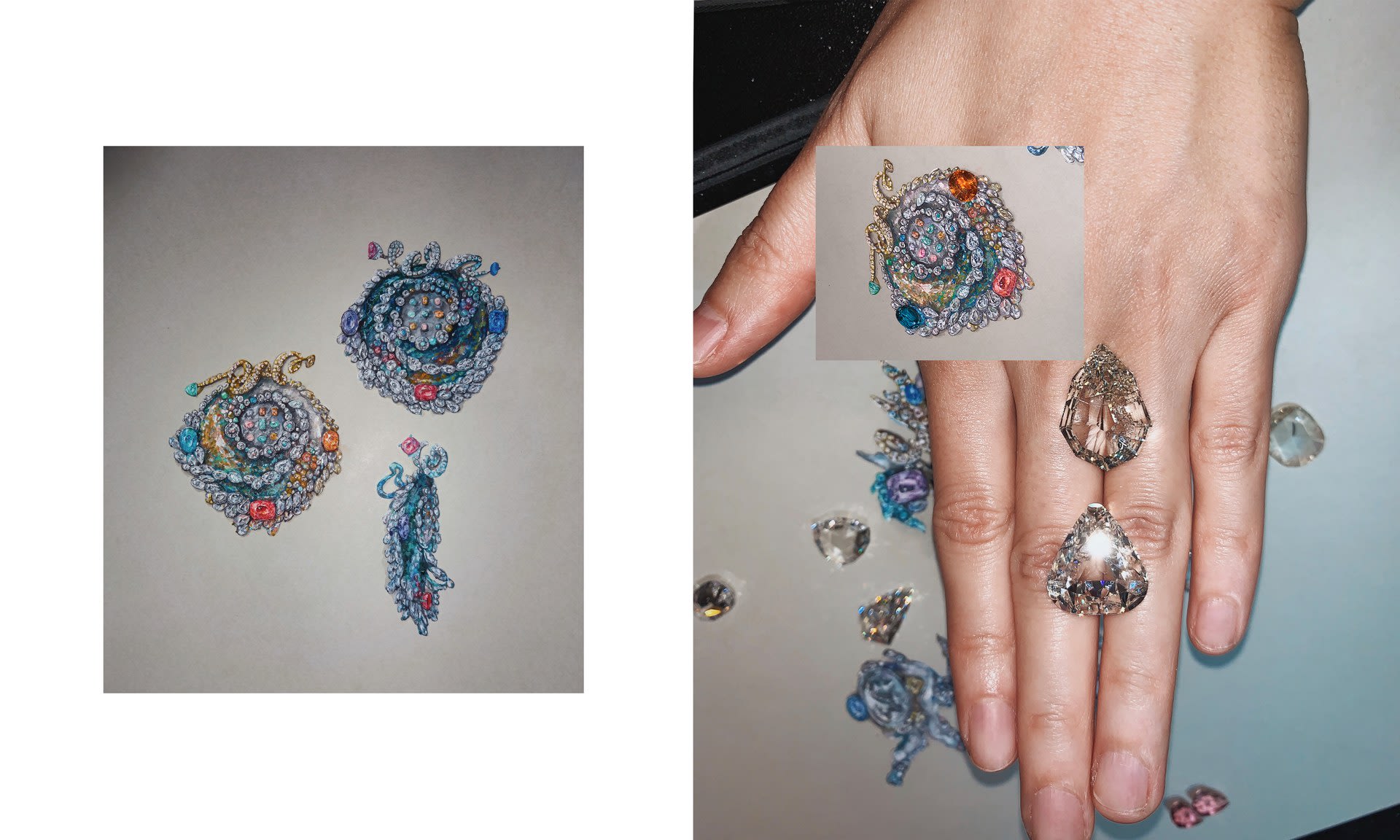 A pair of opal earrings with rose cut diamonds. Painting process. Inspired by Dunhuang Frescoes