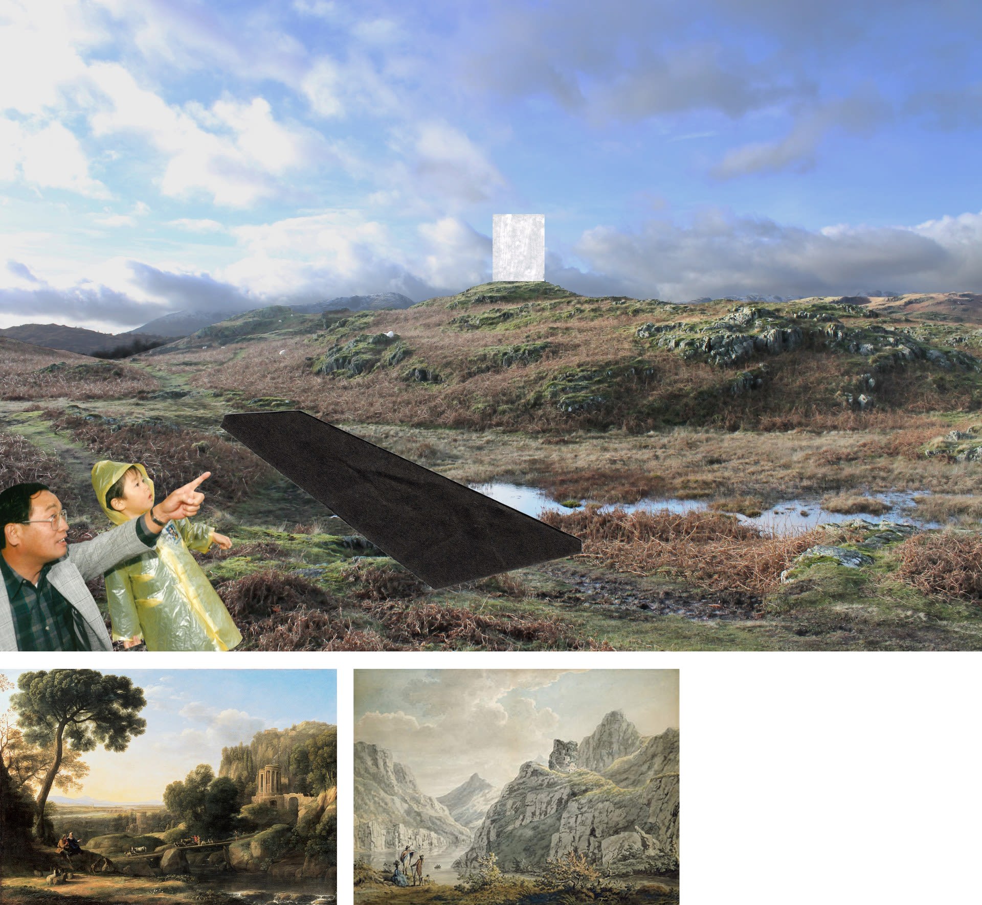 What seems to be the picturesque 'folly on a hill'. This motif is found in classical and picturesque imagery, such as: Claude Lorrain, Pastoral Landscape, 1644 (L), Paul Sandby, Dolbadarn Castle and Llanberis Lake, 1764 (R).