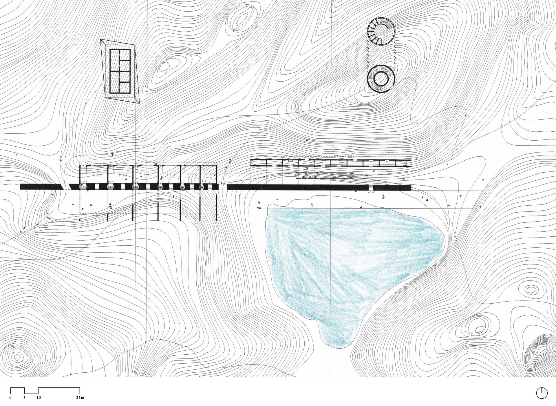 A site plan showing an 140m long accommodation building for eating and sleeping, with two subsidiary buildings: a conspicuous circular toilet block, staged as a picturesque ‘folly on a hill’, and an inconspicuous shower and laundry block, buried into the hill with a cut and fill construction technique.