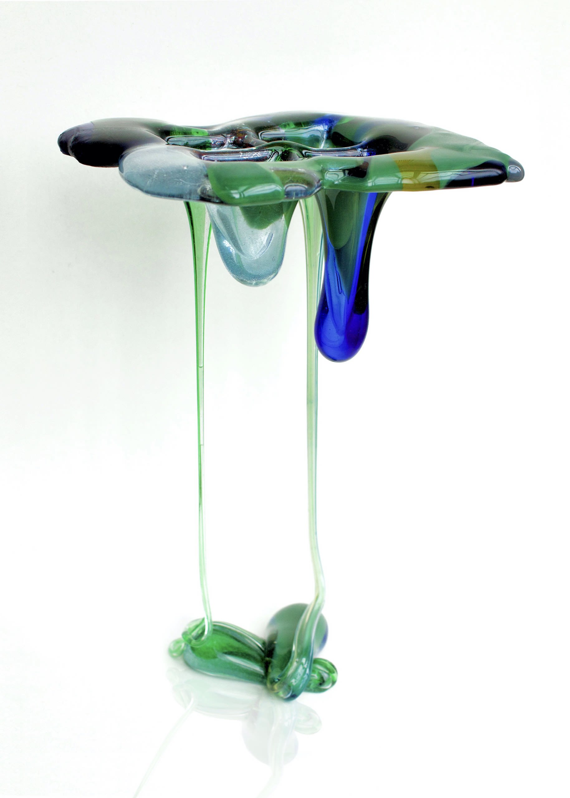 'Impending Collapse' — Kiln- formed glass and welded copper — 30 x 15 x 15 cm