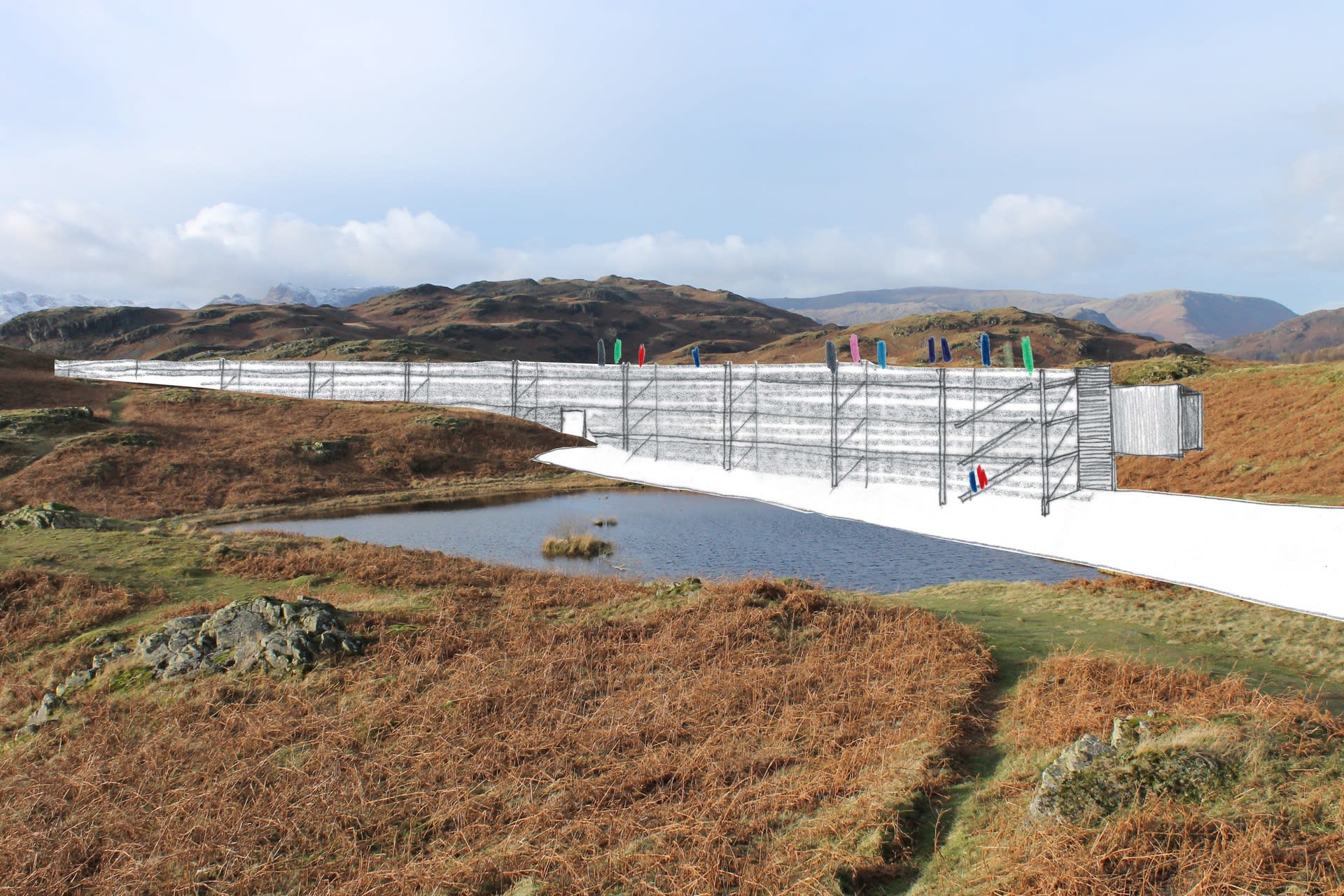 A view of the 140m long accommodation building under construction. Scaffolding supports something that looks like a wall - but also a like path. Fell-walkers walking onto it as it emerges out of the landscape at one end, and descend a scaffold stair at the other.