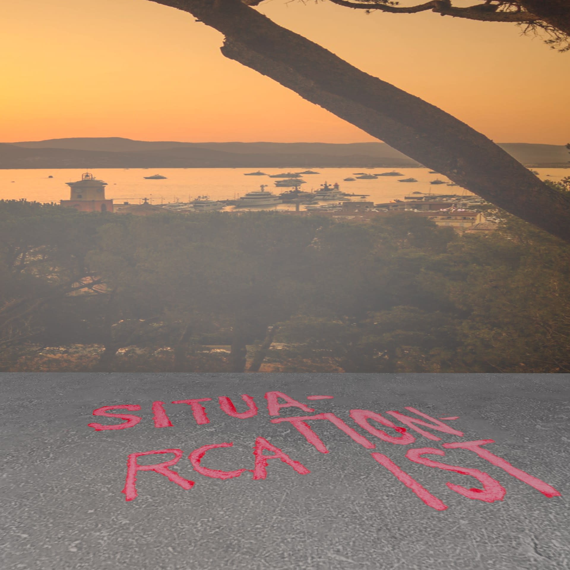 St Tropez sunset and virtually chalked words, 2020