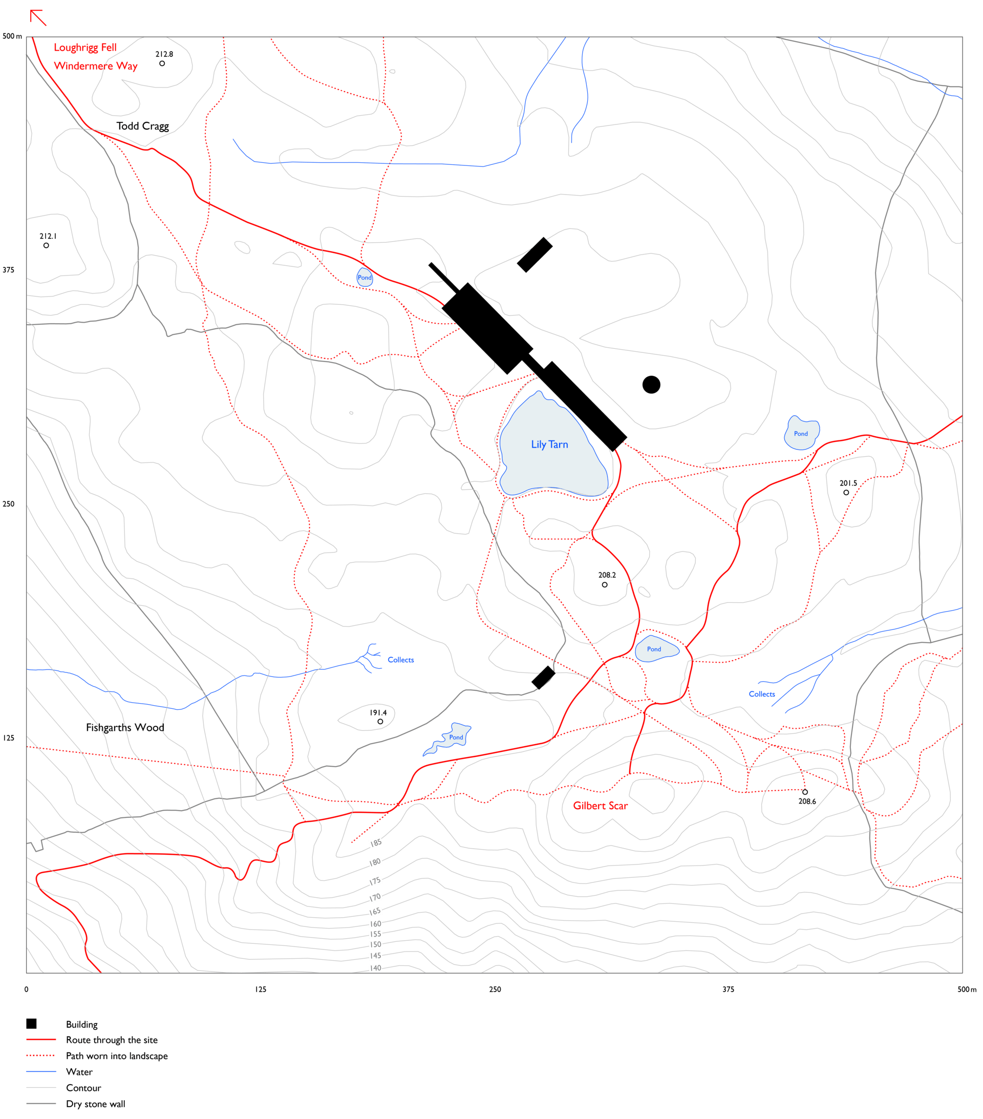 Site plan, showing the proposed resting places along two walking routes, described in the section above.