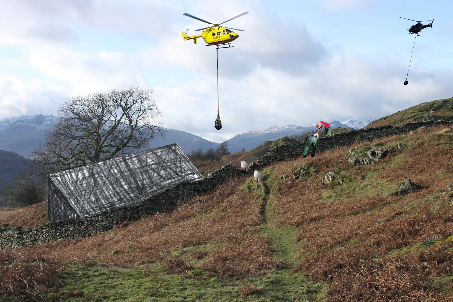 8 depots around the Lake District store all the tools used by the lengthsmen (path builders). All materials for path building are delivered by helicopter to the site.