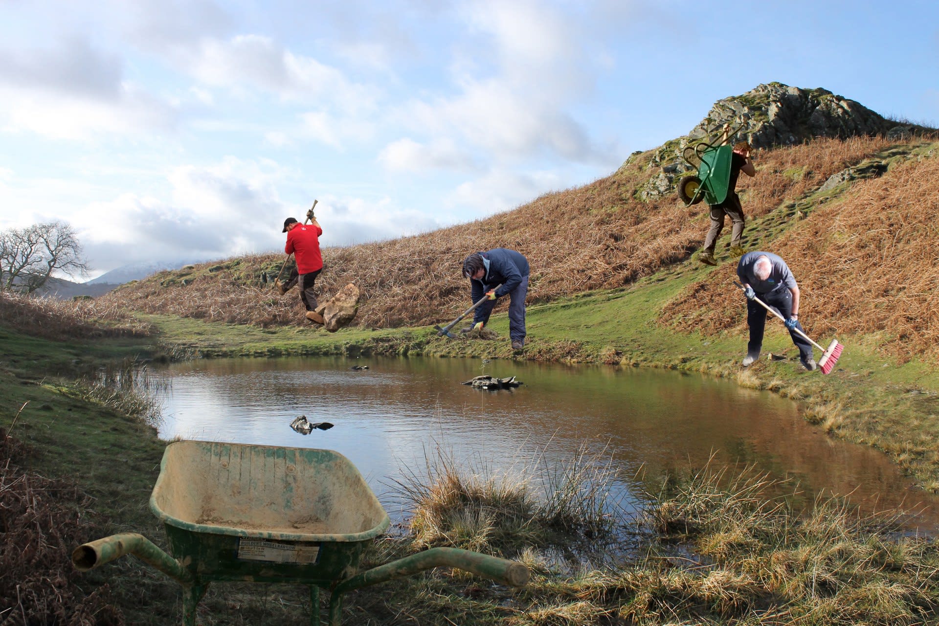 The tools used by lengthsmen in the Lake District are: a 5ft bar of steel, a mattock, a wheelbarrow, a shovel and a brush.