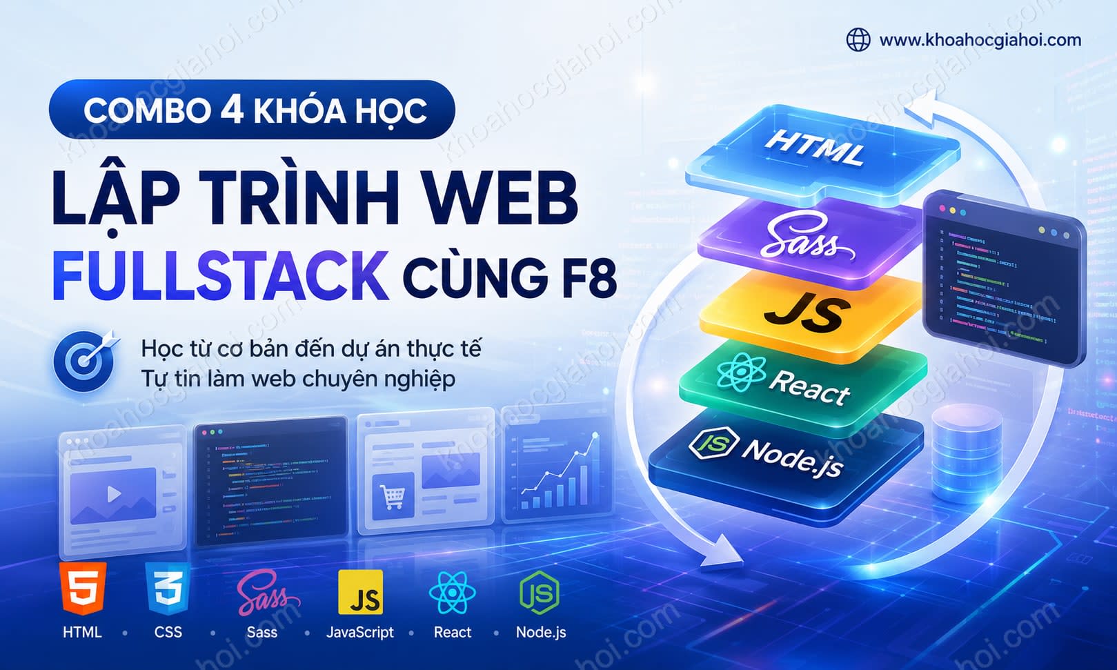 Combo 4 Khóa Học Lập Trình Web Fullstack – Từ Html, Javascript, Sass, React & Node.js Đến Dự Án Thực Tế Cùng F8