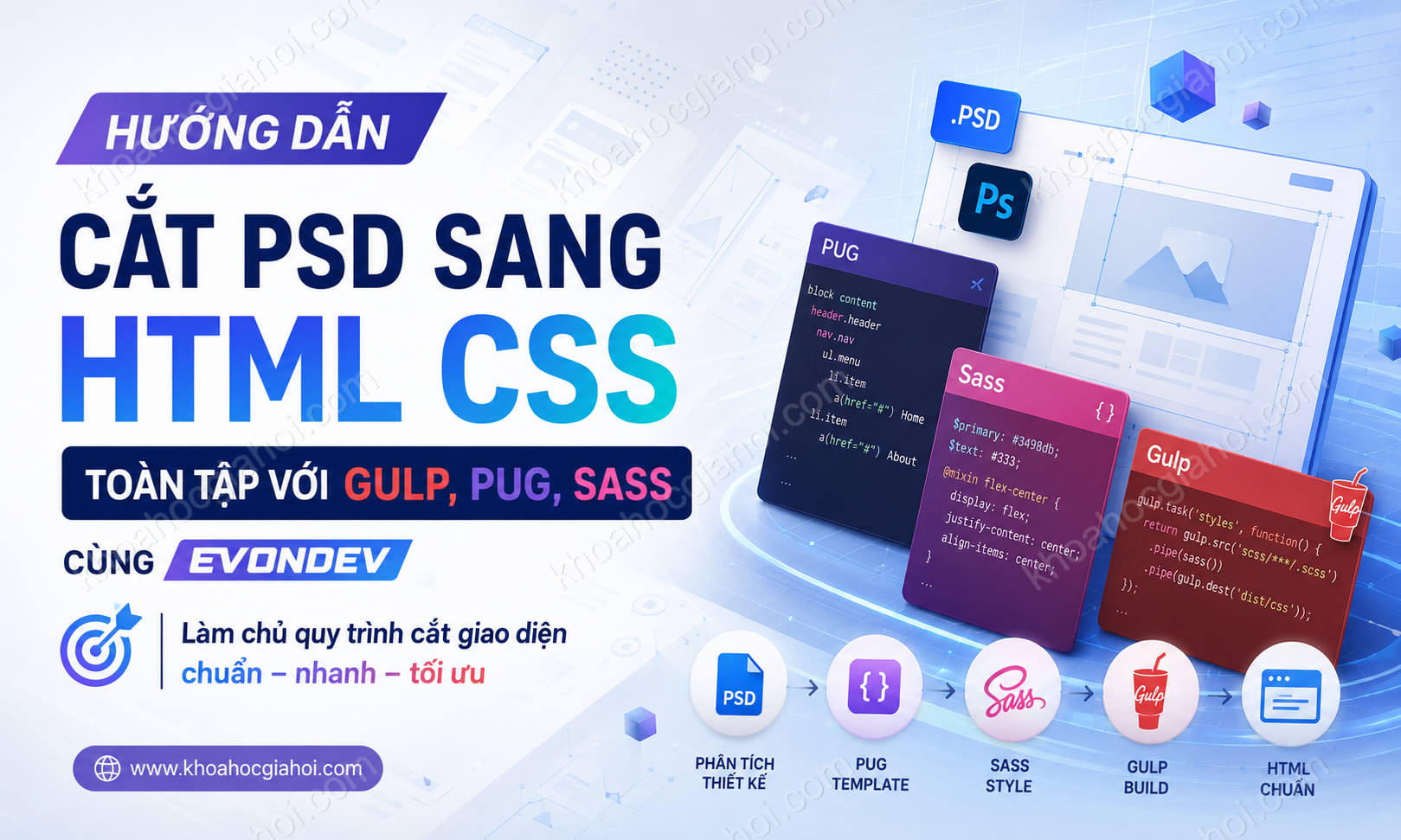 Khoá Học Hướng Dẫn Cắt Psd Sang Html Css Toàn Tập Với Gulp, Pug, Sass Cùng Evondev Khoá Học Hướng Dẫn Cắt Psd Sang Html Css Toàn Tập Với Gulp, Pug, Sass Cùng Evondev