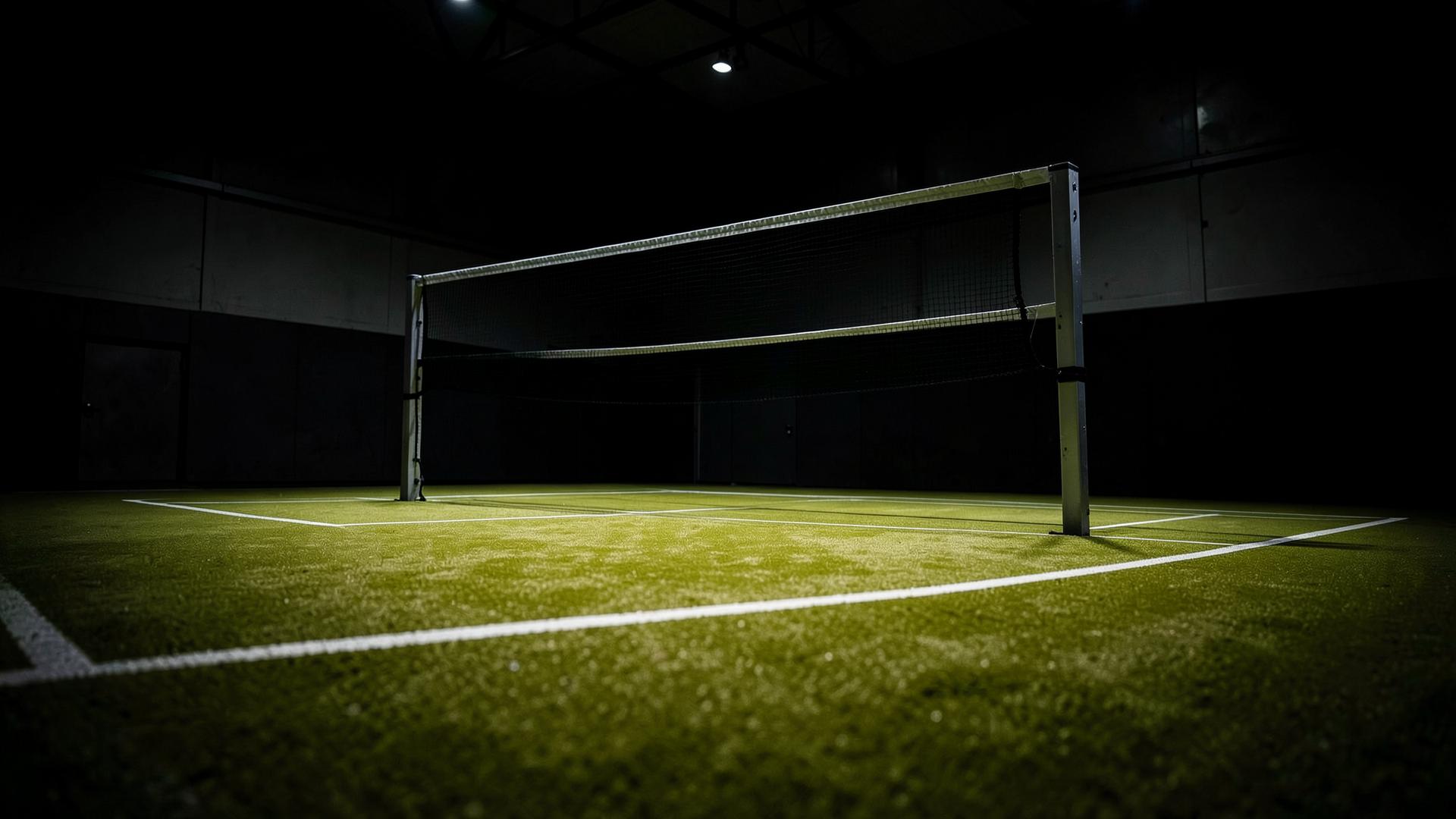 Olive green synthetic badminton court with net under arena lights
