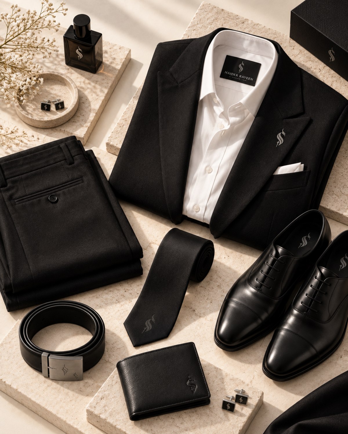 Haider Rayeen black tailoring, shirt, tie, shoes and leather accessories