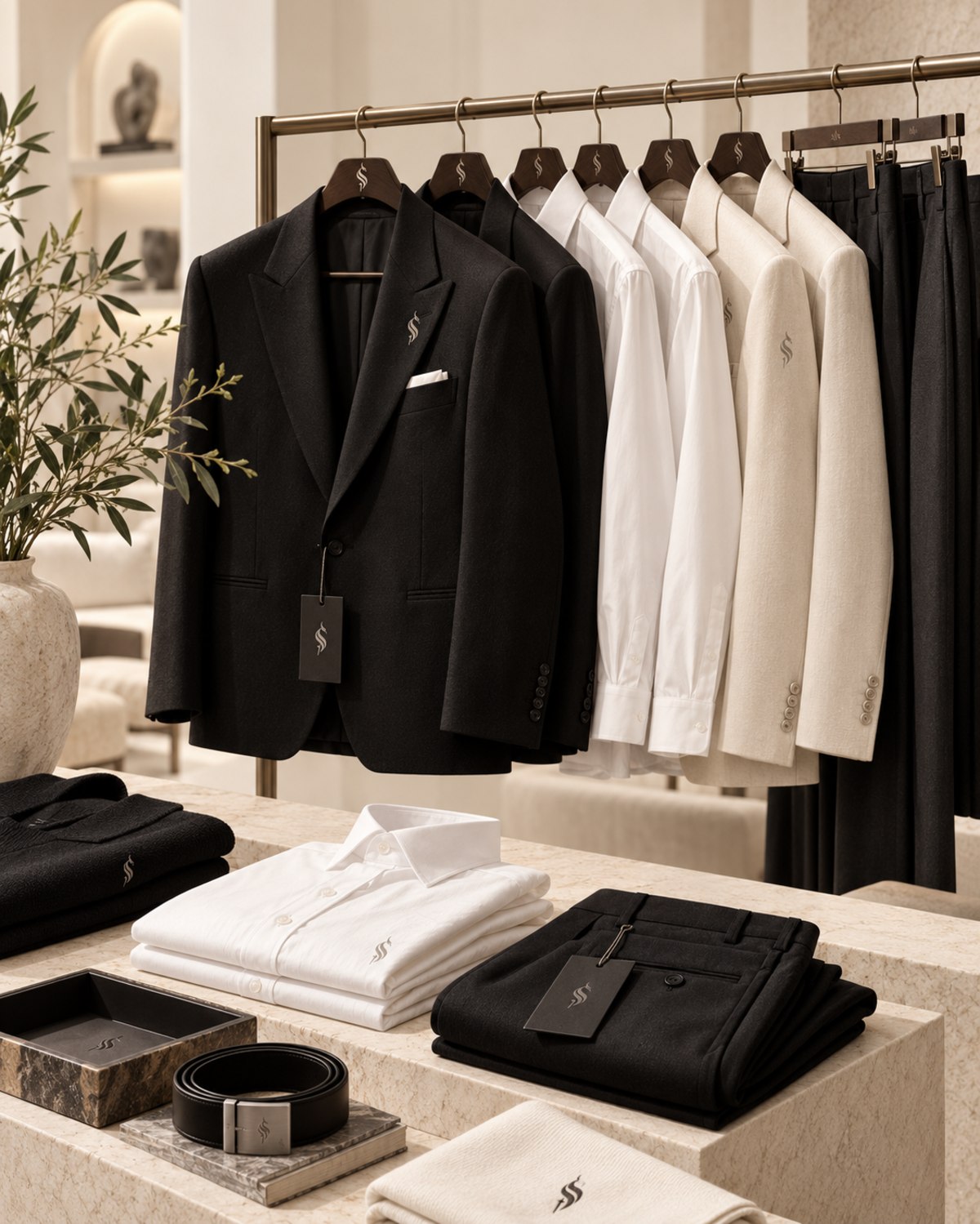Haider Rayeen black and ivory jackets, white shirts and tailored trousers