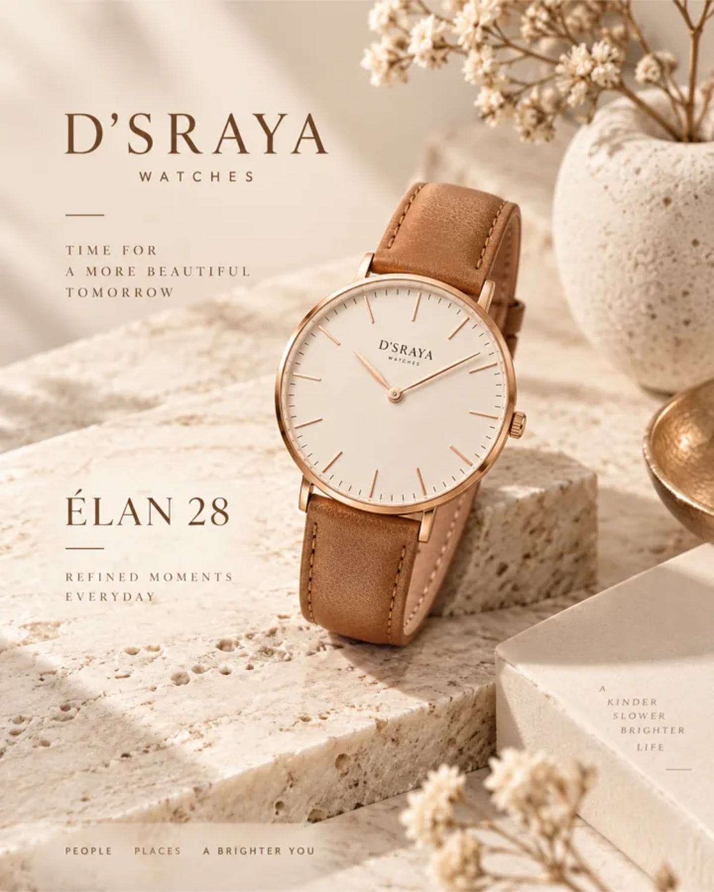 D'SRAYA ÉLAN 28 rose-gold watch with tan leather strap