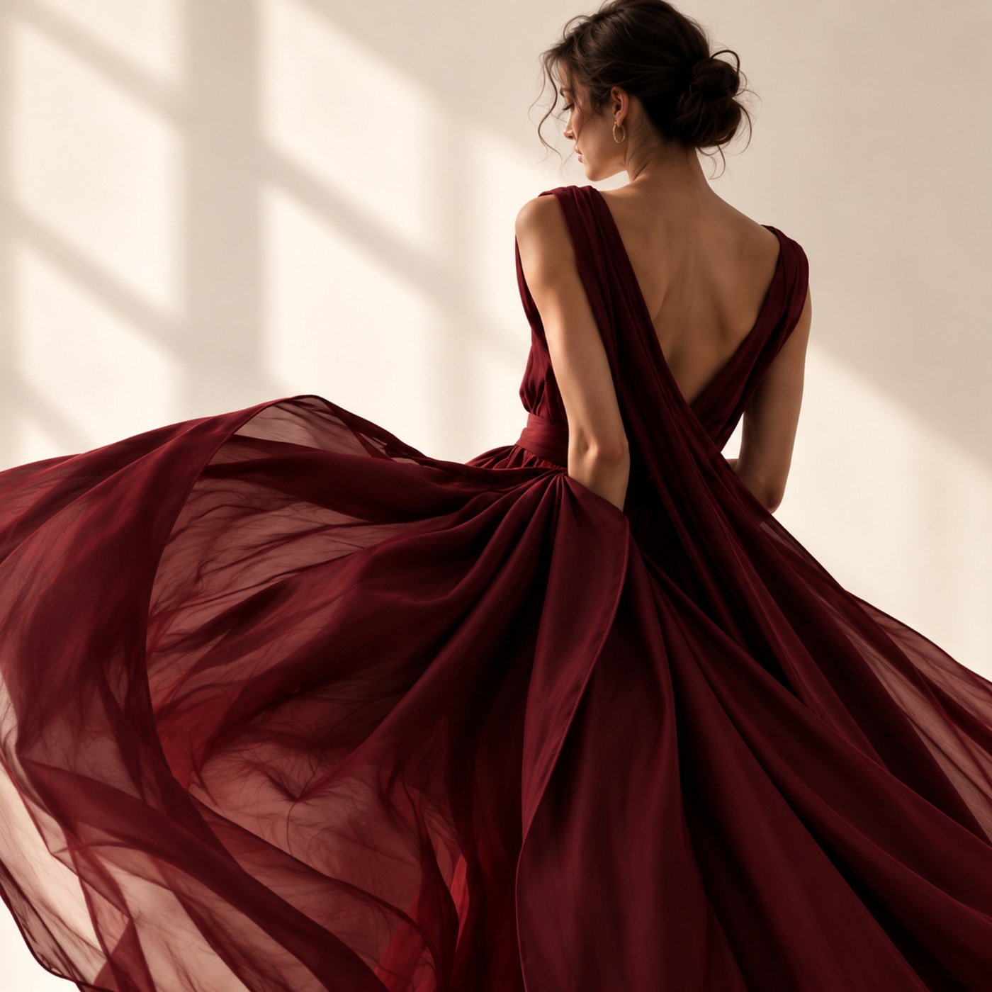 Burgundy evening dress editorial