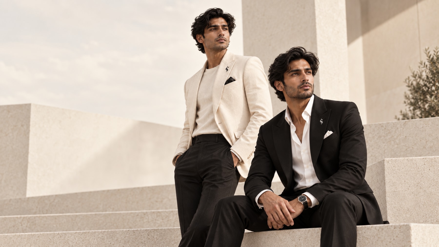 Two Haider Rayeen models wearing black and ivory tailoring