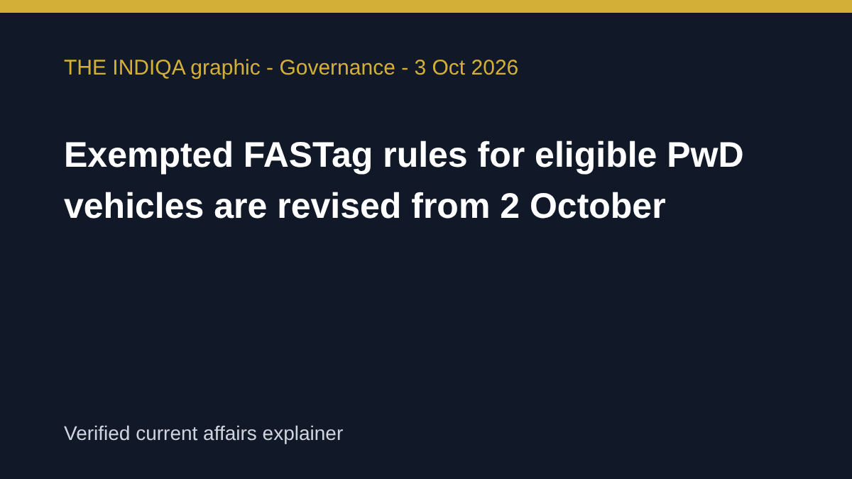 THE INDIQA editorial graphic for: Exempted FASTag rules for eligible PwD vehicles are revised from 2 October