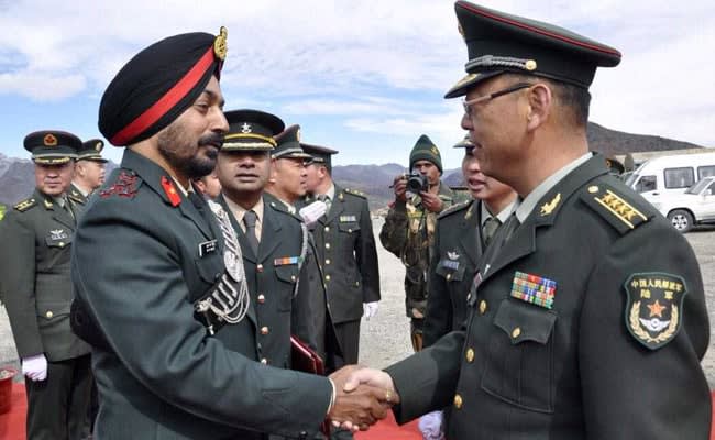 Indian and Chinese military officers at a border personnel meeting - file photo