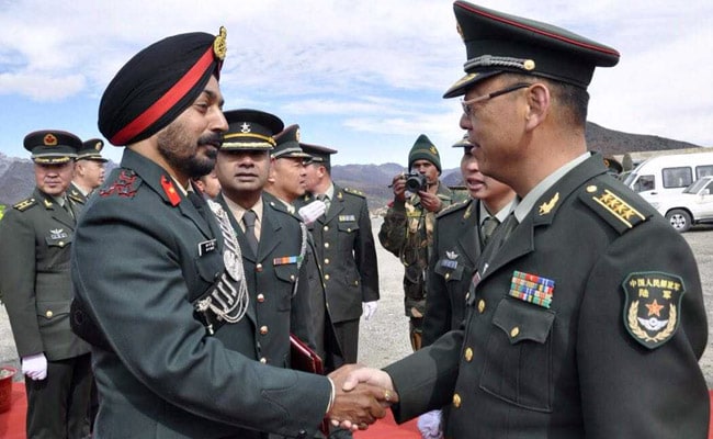 Indian and Chinese military officers at a border personnel meeting - file photo
