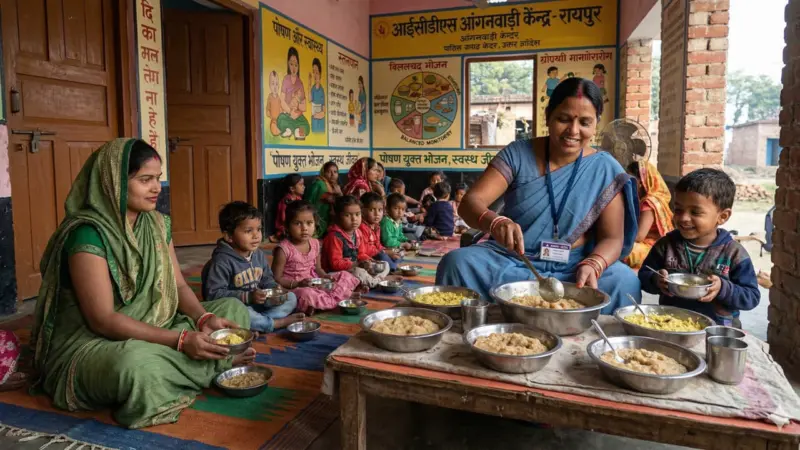 Anganwadi worker serving supplementary nutrition to children - representative image