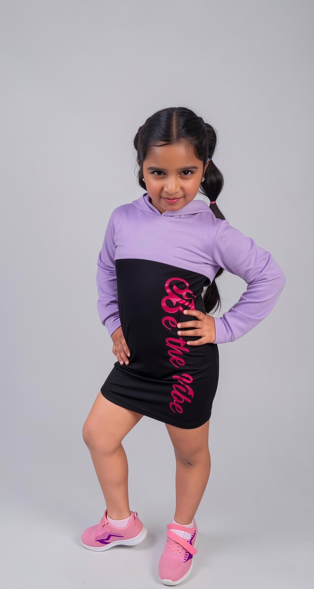 Natasha posing in a purple and black outfit in the studio