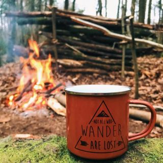 A mug sat on a log in front of a fire in the woods that reads: Not all who wander are lost.