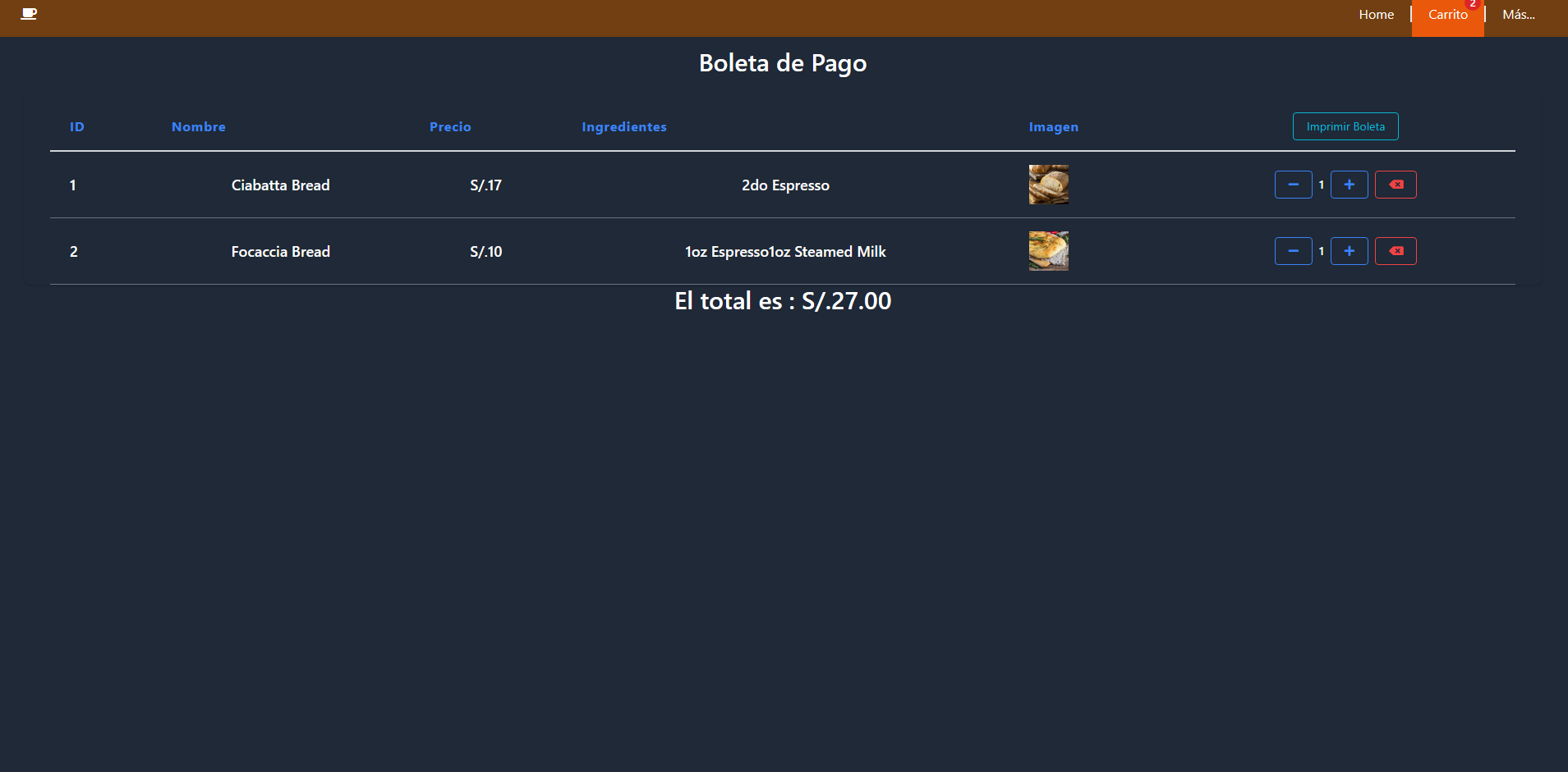 Coffe App, captura 3