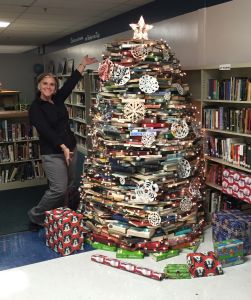 A creative upcycling endeavor. Faculty and students worked together to turn outdated books into a festive literary holiday book tree. 