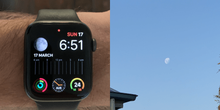 Apple watch face showing the moon phase and image of the moon in the southern hemisphere.