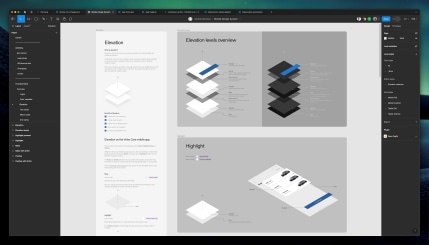 A screenshot of a Figma page showing documentation about elevation, complete with a lot of visual examples