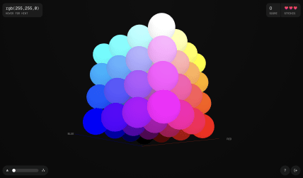 Screenshot of Colormatch! A game, showing a cube with each axis mapped to the three color channels in RGB color model—Red, Green and Blue. Player is shown a color written in RGB notation, and expected to click on the corresponding coordinate in the cube.