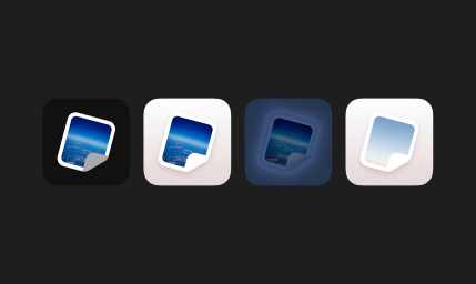 A collection of four custom Posts.cv icons laid out in a row, depicting different concepts: the first three feature a night sky as viewed from an airplane set within a piece of paper rotated at -15 degrees, with its bottom right corner folded over slightly. The last icon features a pink to blue sunset set within the same piece of paper.