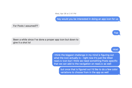 iMessage correspondence with Chris asking him to help us design an app icon for Posts